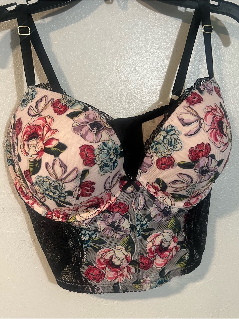 Victoria's Secret Pink Floral & Black Lace Longline Bra size 34D